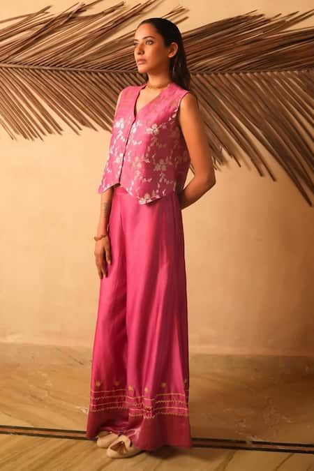 Myoho_Pink Brocade, Chanderi, Tissue Embroidery V-neck Pattern Waistcoat With Pant _Online_at_Aza_Fashions