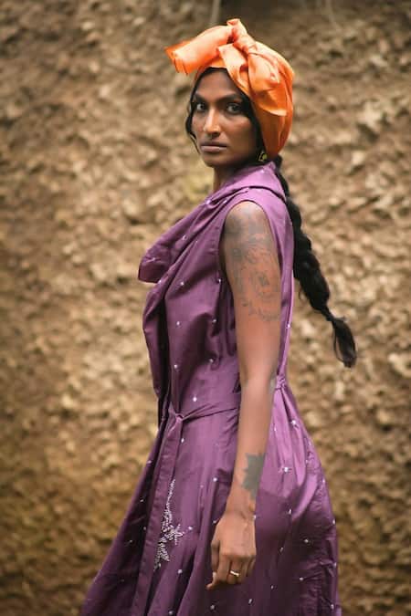 Buy_Myoho_Purple Silk Beads, Embroidery Cowl Neck Rose Dress _Online_at_Aza_Fashions