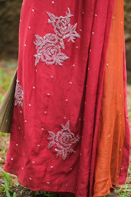 Buy_Myoho_Red Chanderi Embroidery Round Neck Hand Dress _Online_at_Aza_Fashions