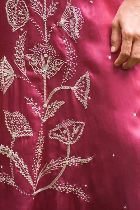 Buy_Myoho_Pink Satin Embroidery Collared Hand Kurta _Online_at_Aza_Fashions