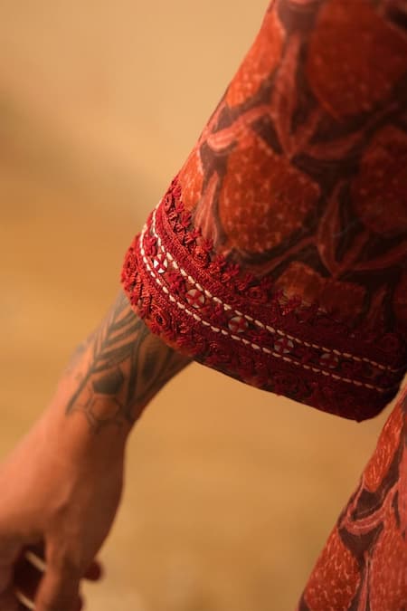 Myoho_Maroon Cotton Embroidery Keyhole Neck Ajrakh Print Kurta With Pant _Online_at_Aza_Fashions
