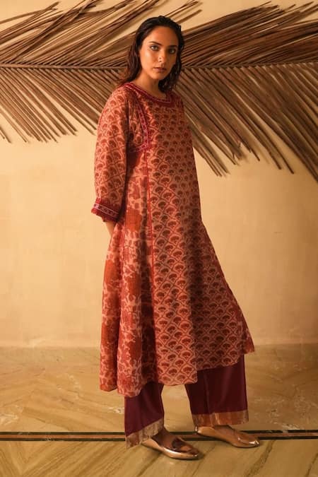 Buy_Myoho_Maroon Cotton Embroidery, Mirrors Round Neck Ajrakh Print Kurta With Pant _Online_at_Aza_Fashions