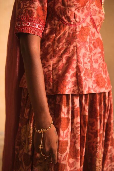 Myoho_Maroon Cotton Embroidery Sweetheart Neck Ajrakh Print Lehenga Set _Online_at_Aza_Fashions