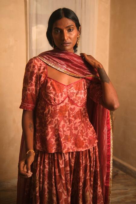 Buy_Myoho_Maroon Cotton Embroidery Sweetheart Neck Ajrakh Print Lehenga Set _Online_at_Aza_Fashions