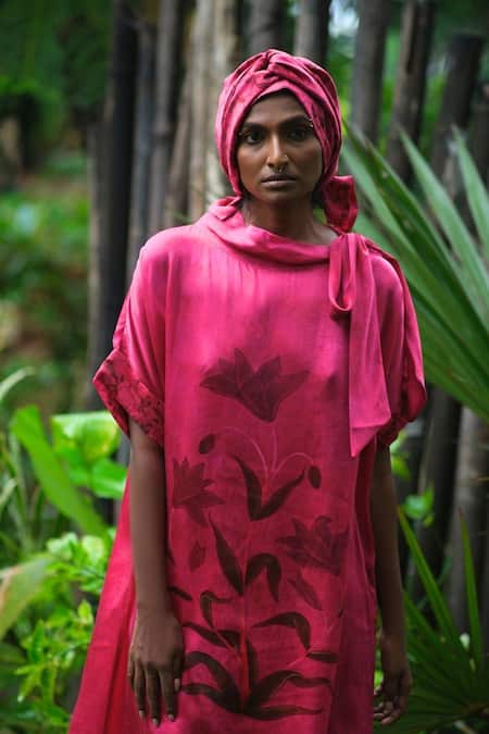 Buy_Myoho_Pink Satin Cowl Neck Plant Print Long Top With Pant _Online_at_Aza_Fashions