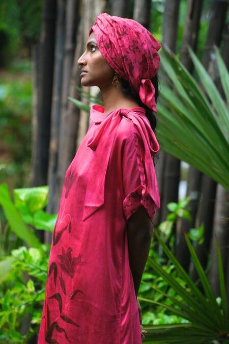 Shop_Myoho_Pink Satin Cowl Neck Plant Print Long Top With Pant _Online_at_Aza_Fashions