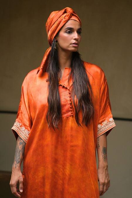 Buy_Myoho_Rust Satin Embroidery Split V-neck Placement Kurta With Pant _Online_at_Aza_Fashions