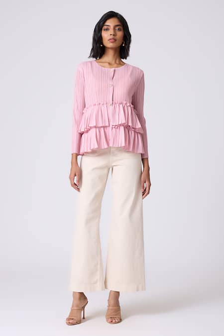 Scarlet Sage_Pink Polyester Round Neck Tia Ruffle Top _Online_at_Aza_Fashions
