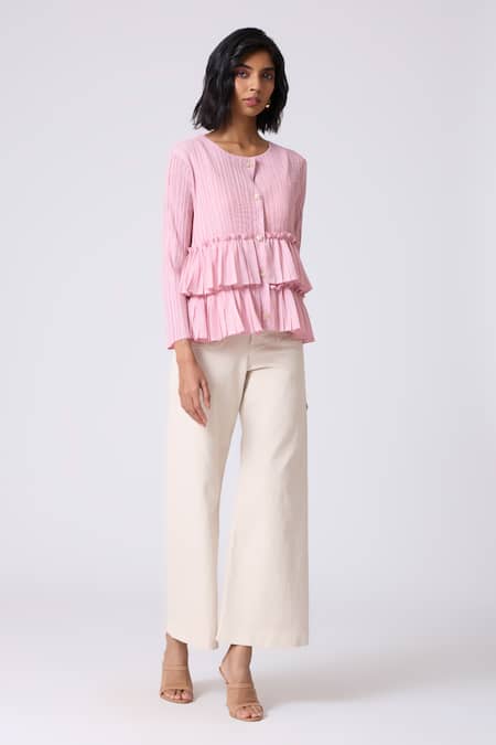Shop_Scarlet Sage_Pink Polyester Round Neck Tia Ruffle Top _Online_at_Aza_Fashions