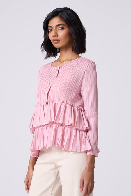 Scarlet Sage_Pink Polyester Round Neck Tia Ruffle Top _at_Aza_Fashions
