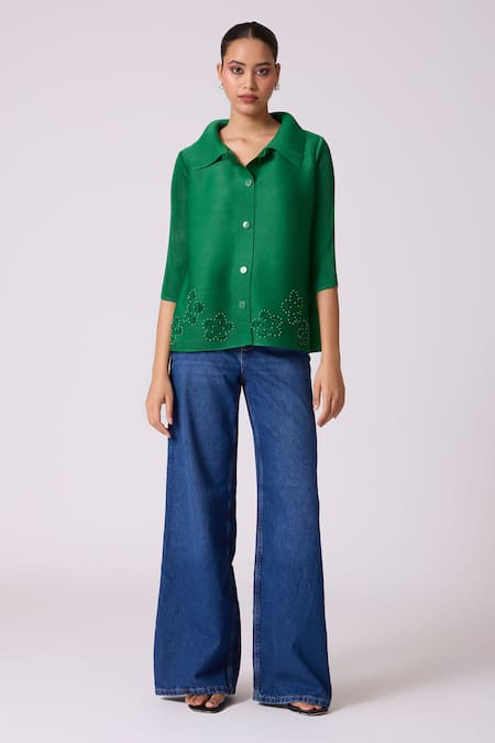 Buy_Scarlet Sage_Green Polyester Cut Work, Beads Collared Edith Cutwork Shirt _Online_at_Aza_Fashions