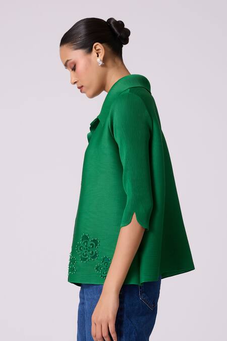 Shop_Scarlet Sage_Green Polyester Cut Work, Beads Collared Edith Cutwork Shirt _Online_at_Aza_Fashions