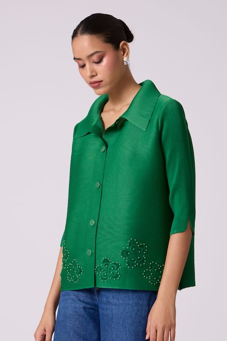 Buy_Scarlet Sage_Green Polyester Cut Work, Beads Collared Edith Cutwork Shirt 