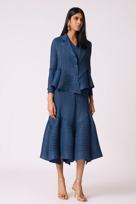 Scarlet Sage Blue Polyester V-neck Tulip Overlay Dress With Blazer Online at Aza Fashions Scarlet Sage_Blue Polyester V-neck Tulip Overlay Dress With Blazer_Online_at_Aza_Fashions