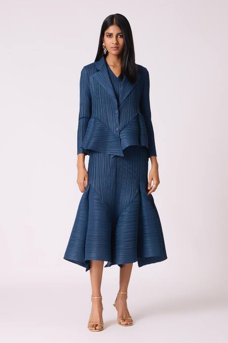 Buy Scarlet Sage Blue Polyester V-neck Tulip Overlay Dress With Blazer Online at Aza Fashions Buy_Scarlet Sage_Blue Polyester V-neck Tulip Overlay Dress With Blazer_Online_at_Aza_Fashions