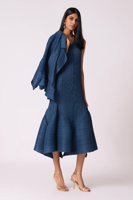 Scarlet Sage Blue Polyester V-neck Tulip Overlay Dress With Blazer at Aza Fashions Scarlet Sage_Blue Polyester V-neck Tulip Overlay Dress With Blazer_at_Aza_Fashions