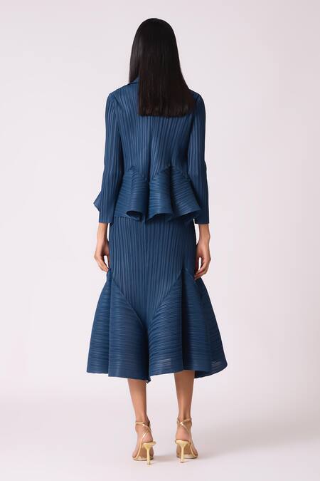 Shop Scarlet Sage Blue Polyester V-neck Tulip Overlay Dress With Blazer at Aza Fashions Shop_Scarlet Sage_Blue Polyester V-neck Tulip Overlay Dress With Blazer_at_Aza_Fashions