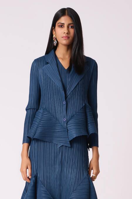 Shop Scarlet Sage Blue Polyester V-neck Tulip Overlay Dress With Blazer Shop_Scarlet Sage_Blue Polyester V-neck Tulip Overlay Dress With Blazer