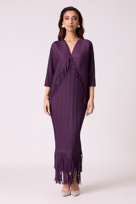 Scarlet Sage_Wine Satin, Polyester Fringe V-neck Blake Maxi Dress_Online_at_Aza_Fashions
