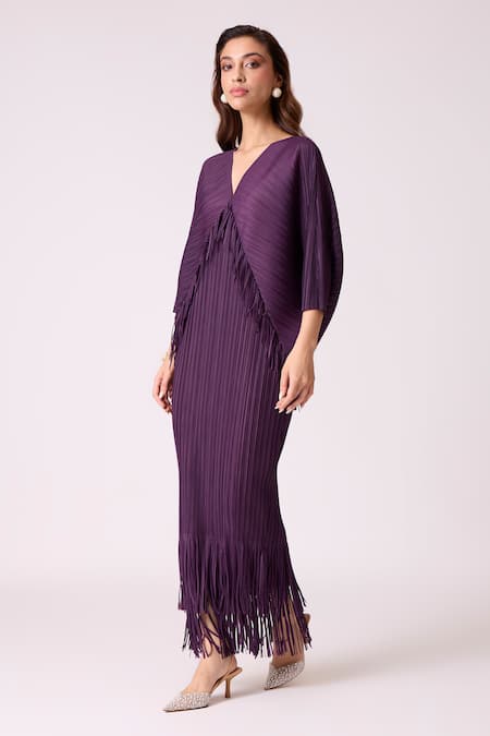 Buy_Scarlet Sage_Wine Satin, Polyester Fringe V-neck Blake Maxi Dress_Online_at_Aza_Fashions