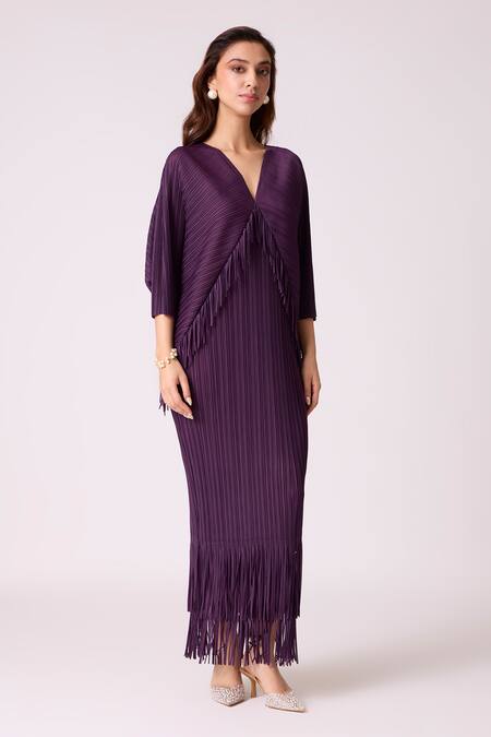 Shop_Scarlet Sage_Wine Satin, Polyester Fringe V-neck Blake Maxi Dress_Online_at_Aza_Fashions