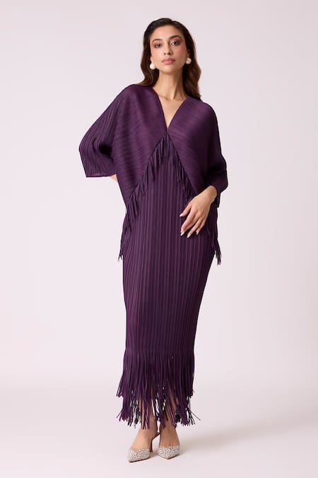 Scarlet Sage Wine Satin, Polyester Fringe V-neck Blake Maxi Dress 