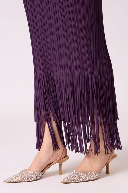 Scarlet Sage_Wine Satin, Polyester Fringe V-neck Blake Maxi Dress_at_Aza_Fashions