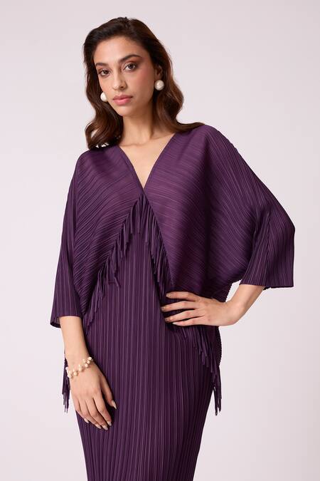 Buy_Scarlet Sage_Wine Satin, Polyester Fringe V-neck Blake Maxi Dress