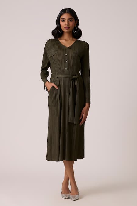 Scarlet Sage Olive Green Polyester V-neck Emerson Dress With Belt 