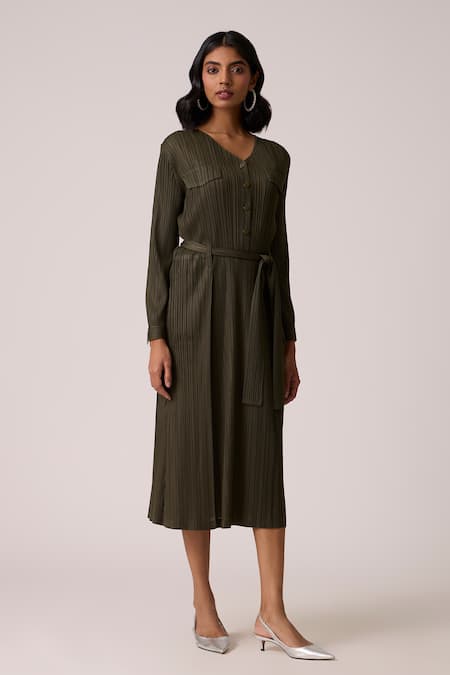 Shop_Scarlet Sage_Olive Green Polyester V-neck Emerson Dress With Belt _Online_at_Aza_Fashions