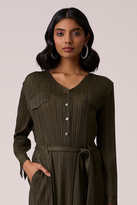 Scarlet Sage_Olive Green Polyester V-neck Emerson Dress With Belt _at_Aza_Fashions