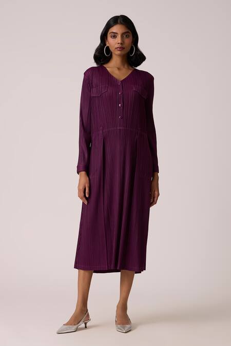 Scarlet Sage_Wine Polyester V-neck Emerson Dress With Belt _Online_at_Aza_Fashions