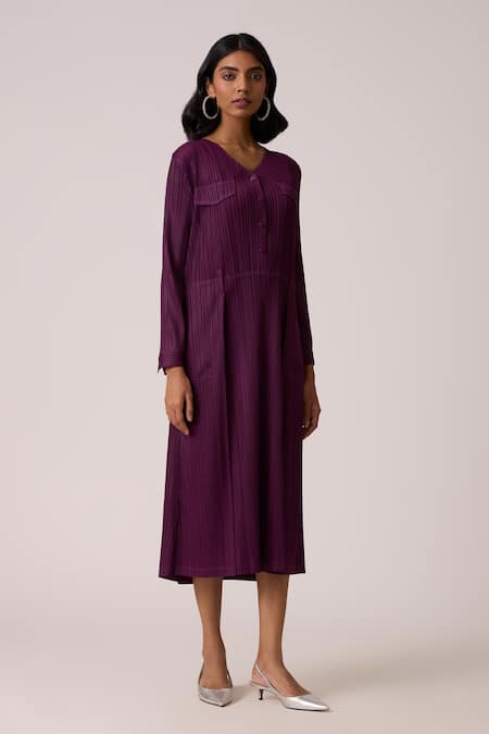Buy_Scarlet Sage_Wine Polyester V-neck Emerson Dress With Belt _Online_at_Aza_Fashions