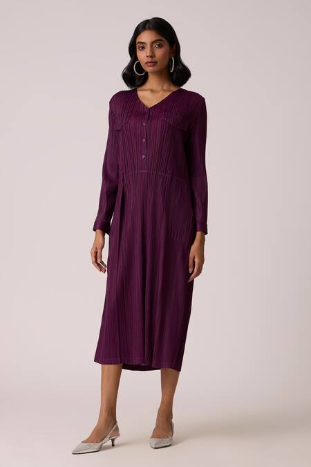 Shop_Scarlet Sage_Wine Polyester V-neck Emerson Dress With Belt _Online_at_Aza_Fashions