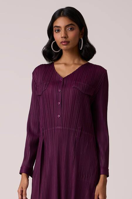 Scarlet Sage_Wine Polyester V-neck Emerson Dress With Belt _at_Aza_Fashions