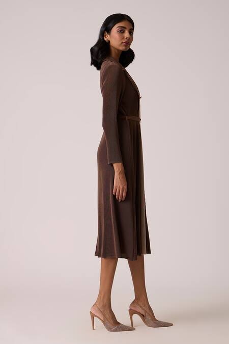Scarlet Sage_Taupe Polyester V-neck Nylah Dress With Belt _Online_at_Aza_Fashions