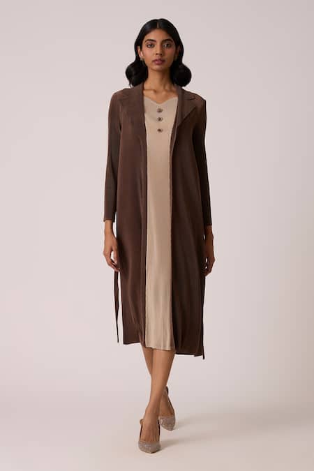 Buy_Scarlet Sage_Taupe Polyester V-neck Nylah Dress With Belt _Online_at_Aza_Fashions