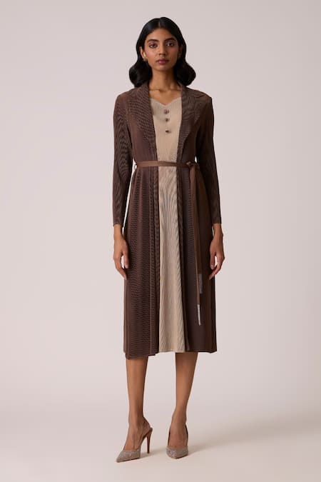 Scarlet Sage Taupe Polyester V-neck Nylah Dress With Belt 