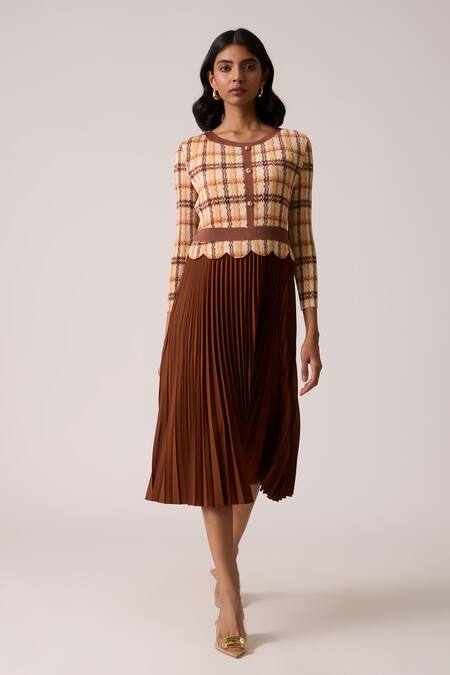Scarlet Sage_Brown Polyester Round Neck Elanor Gingham Bodice Dress_Online_at_Aza_Fashions