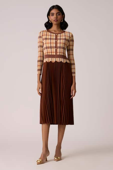 Scarlet Sage Brown Polyester Round Neck Elanor Gingham Bodice Dress 