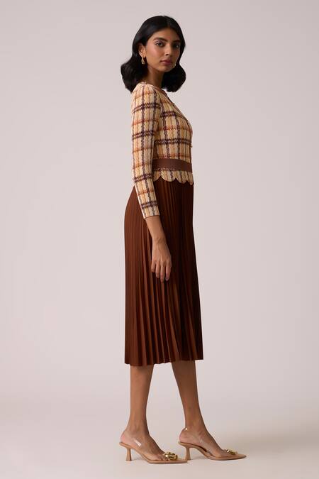 Buy_Scarlet Sage_Brown Polyester Round Neck Elanor Gingham Bodice Dress_Online_at_Aza_Fashions