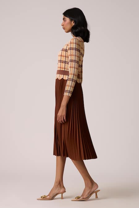 Shop_Scarlet Sage_Brown Polyester Round Neck Elanor Gingham Bodice Dress_Online_at_Aza_Fashions