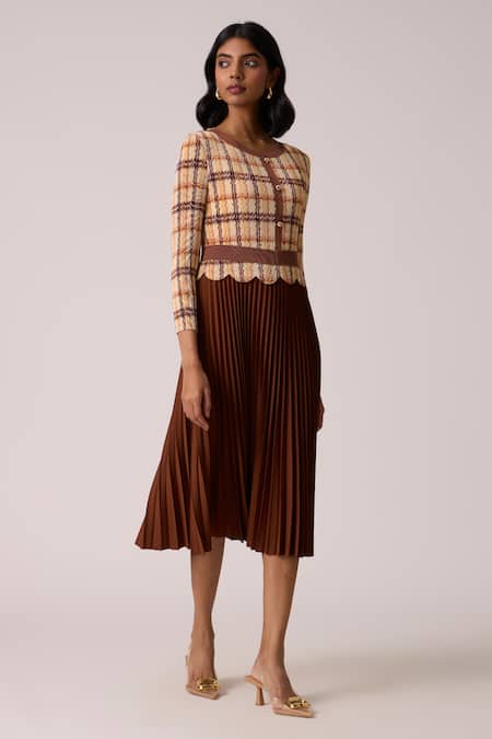 Scarlet Sage_Brown Polyester Round Neck Elanor Gingham Bodice Dress_at_Aza_Fashions