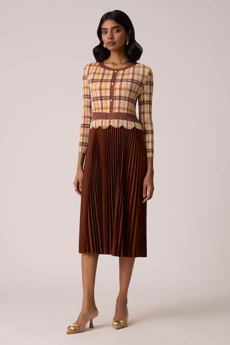 Buy_Scarlet Sage_Brown Polyester Round Neck Elanor Gingham Bodice Dress