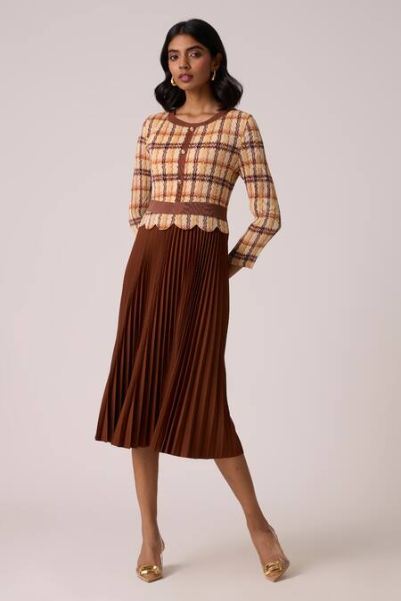Shop_Scarlet Sage_Brown Polyester Round Neck Elanor Gingham Bodice Dress