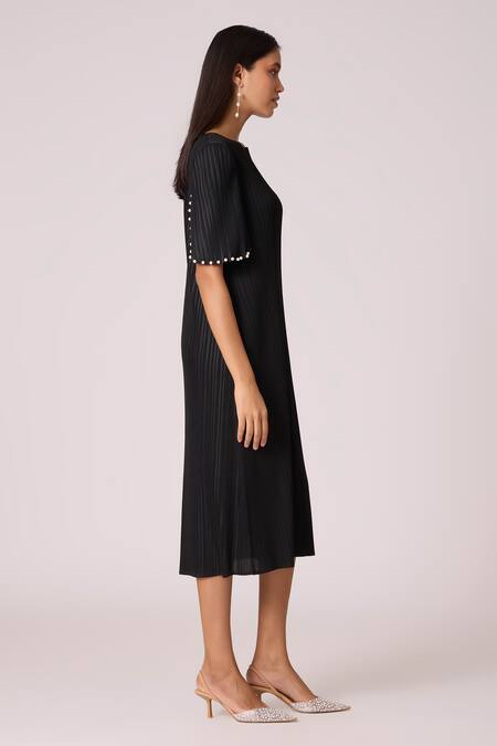 Scarlet Sage_Black Polyester Pearls Round Neck Fernanda Dress_Online_at_Aza_Fashions