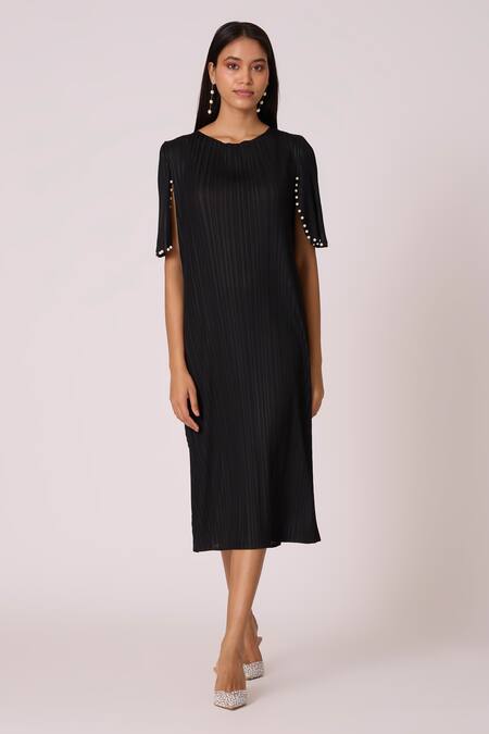 Shop_Scarlet Sage_Black Polyester Pearls Round Neck Fernanda Dress_Online_at_Aza_Fashions