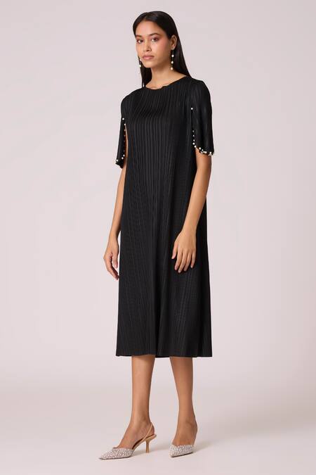 Scarlet Sage_Black Polyester Pearls Round Neck Fernanda Dress_at_Aza_Fashions