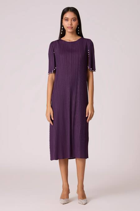 Scarlet Sage_Purple Polyester Pearls Round Neck Fernanda Dress _Online_at_Aza_Fashions