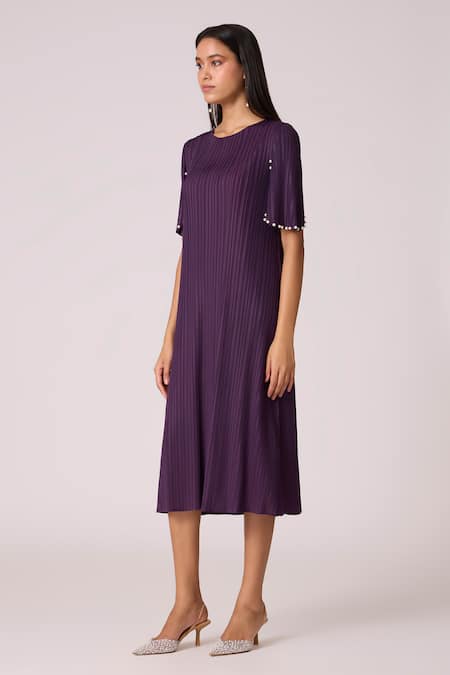 Buy_Scarlet Sage_Purple Polyester Pearls Round Neck Fernanda Dress _Online_at_Aza_Fashions